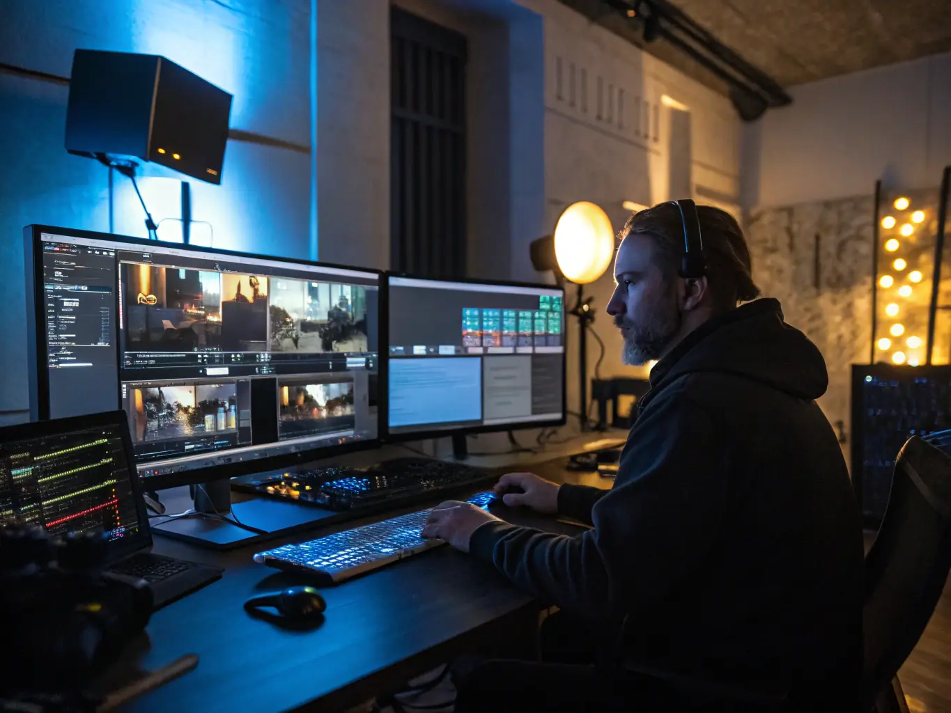A professional video editor meticulously working on a timeline in a post-production suite, with color grading panels and waveform monitors visible in the background, symbolizing video editing expertise.