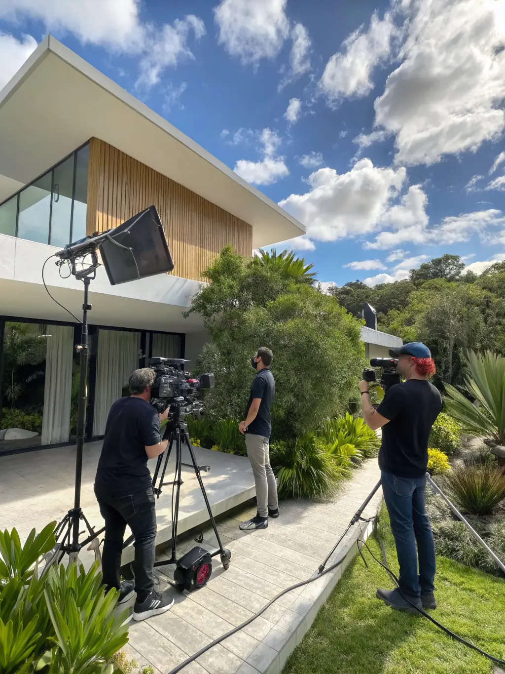A professional filming crew capturing footage on location with high-end cameras and lighting equipment, ensuring high production quality for a corporate video.