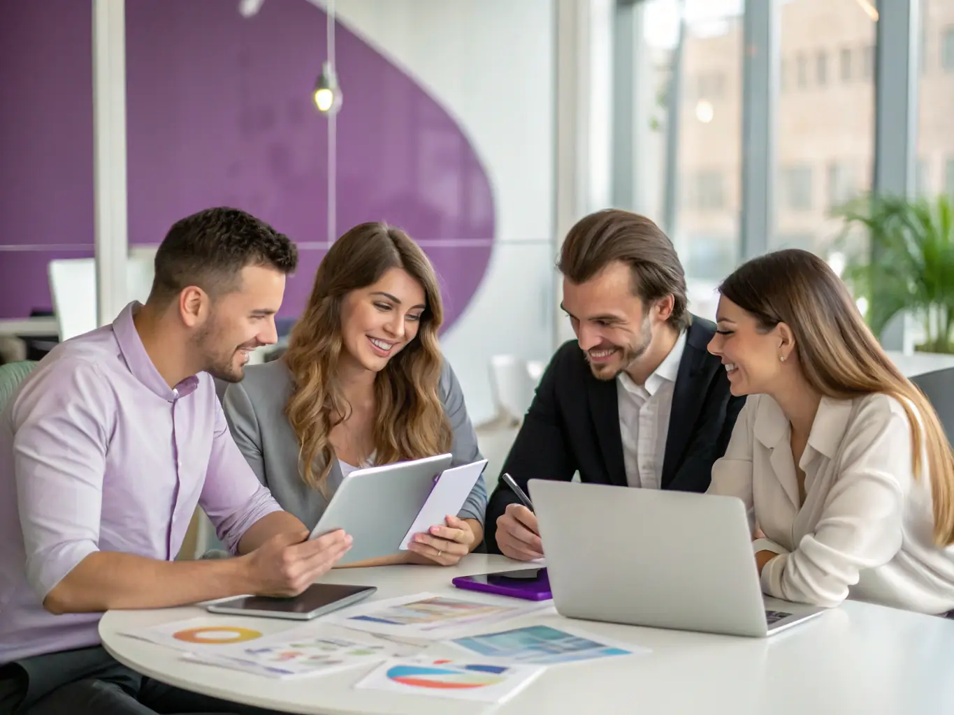 A diverse team of media professionals collaborating on a video production project in a modern studio setting, showcasing their expertise and teamwork.