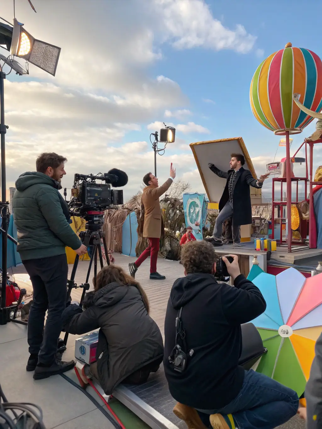 A dynamic promotional video being filmed on location, featuring actors and vibrant visuals, highlighting HT WINDS LIMITED's capabilities in promotional video creation.