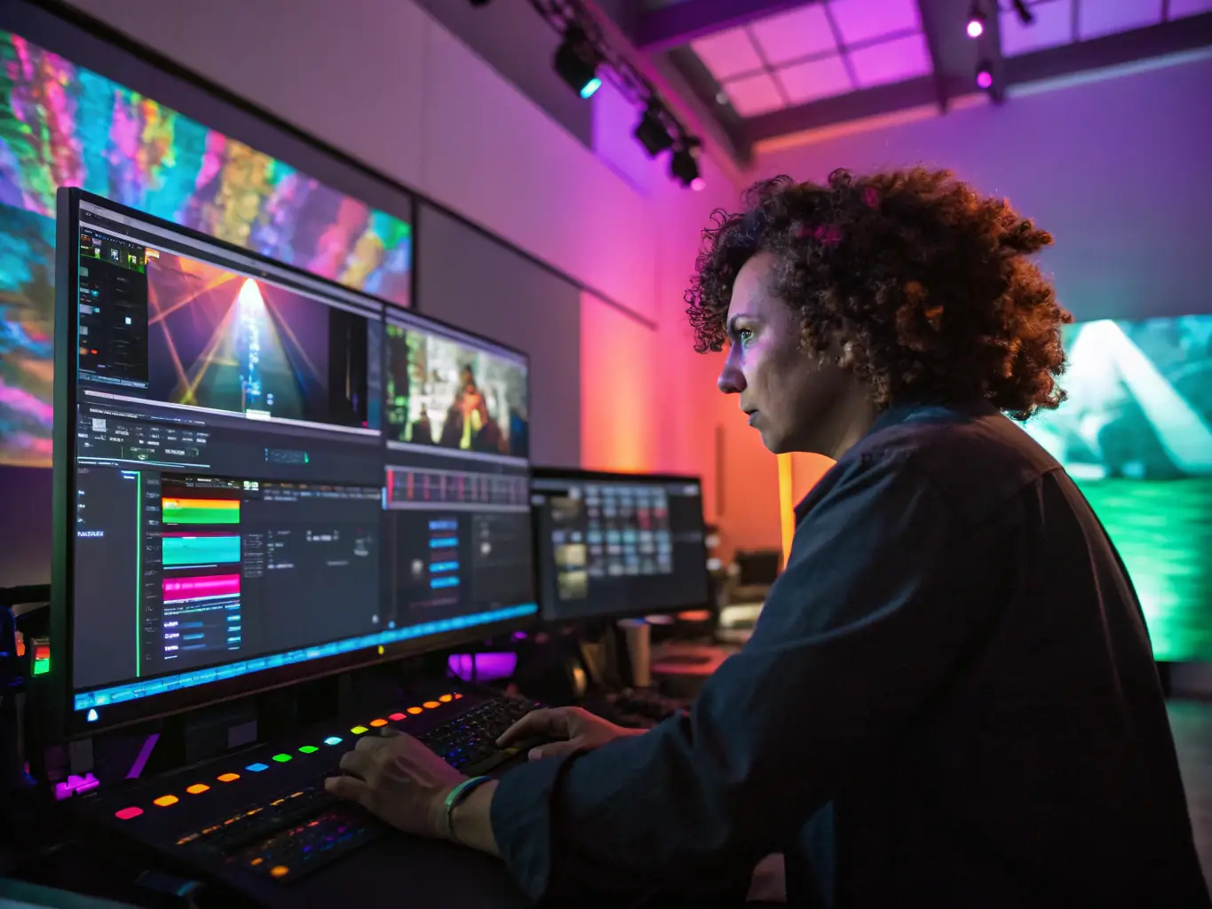 A colorist adjusting color wheels and curves on a high-end grading monitor, with a reference image displayed for accurate color matching and enhancement.
