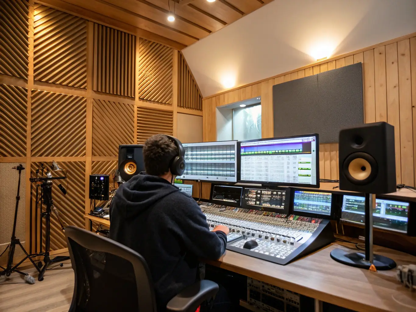 An audio engineer mixing sound levels and applying effects in a soundproof studio, with a mixing console and various audio processing tools visible.
