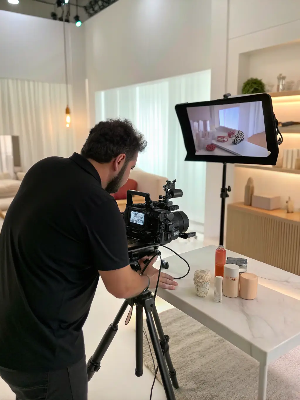A dynamic shot of a promotional video being filmed, showcasing a product in action with creative lighting and camera angles.