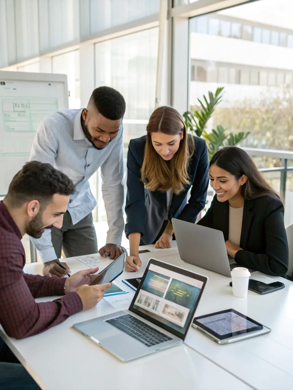 A diverse team collaborating on a video production project, showcasing HT WINDS LIMITED's collaborative approach and diverse skill set.