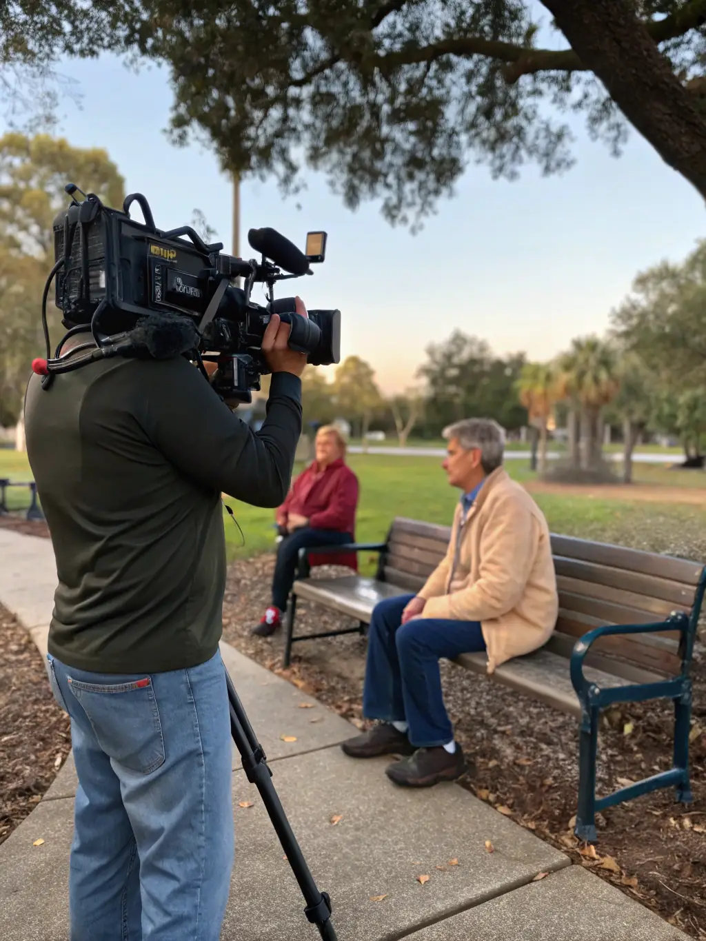 A scene from a documentary being filmed, showing the crew capturing authentic moments and interviews in a real-world setting.